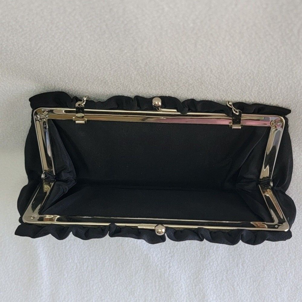 Vintage Satin Evening Clutch Hand Purse Little Black Bag Silver Tone Metal GUC - Picture 4 of 8